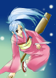 Rule 34 | 1girl, blue hair, botan (yu yu hakusho), female focus, gradient background, japanese clothes, kimono, long hair, nagisanma, ponytail, red eyes, sandals, solo, yuu yuu hakusho
