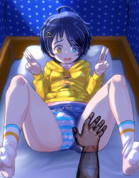 Rule 34 | 1boy, 1girl, absurdres, ass, bed, black hair, blue eyes, clothing aside, dolphin shorts, double v, hair ornament, hairclip, heterochromia, highres, jacket, messy hair, ooto ai, open mouth, panties, pillow, pov, sake to namida, shirt, short hair, shorts, shorts aside, smile, socks, spread legs, striped clothes, striped panties, underwear, v, wonder egg priority, yellow eyes