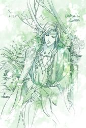 Rule 34 | 1boy, character name, circlet, closed mouth, dated, closed eyes, flower, gandalf, green theme, kazuki-mendou, tolkien&#039;s legendarium, long sleeves, male focus, monochrome, one-hour drawing challenge, rose, signature, sitting, smile, solo, the silmarillion, wide sleeves, aged down