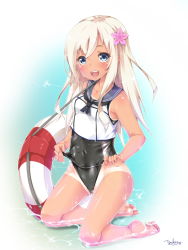Rule 34 | 10s, 1girl, :d, barefoot, black one-piece swimsuit, blonde hair, blue eyes, blush, child, covered navel, feet, flower, hair flower, hair ornament, highres, kantai collection, kneeling, long hair, one-piece swimsuit, open mouth, ro-500 (kancolle), school swimsuit, school uniform, serafuku, signature, smile, solo, swimsuit, swimsuit under clothes, tan, tanline, toes, yukinon, yukinon (tsuki koubou)