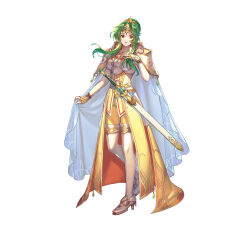 Rule 34 | 1girl, armor, breastplate, cape, cape lift, crown, elincia ridell crimea, elincia ridell crimea (undaunted queen), fingerless gloves, fire emblem, fire emblem: radiant dawn, fire emblem heroes, fujikawa arika, gloves, gold dress, gold gloves, gold trim, green eyes, green hair, hair bun, high heels, looking at viewer, nintendo, official alternate costume, official art, parted lips, shoulder armor, smile, solo, sword, weapon, white cape, white footwear, yellow leggings