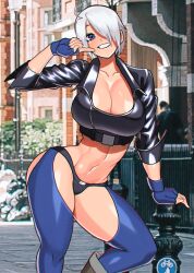 Rule 34 | 1girl, akisu k, angel (kof), blue eyes, boots, bra, breasts, chaps, cleavage, cropped jacket, horns pose, fingerless gloves, gloves, hair over one eye, index fingers raised, jacket, large breasts, leather, leather jacket, looking at viewer, midriff, pointing, pointing at self, snk, strapless, strapless bra, the king of fighters, the king of fighters xiv, toned, underwear, white hair