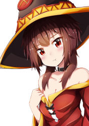 Rule 34 | 10s, 1girl, breasts, brown hair, cleavage, collar, collarbone, hat, highres, kono subarashii sekai ni shukufuku wo!, megumin, pout, red eyes, short hair with long locks, small breasts, solo, sylphine, tears, white background, witch hat
