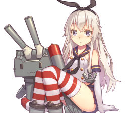 Rule 34 | 10s, 1girl, anchor hair ornament, arm support, bad id, bad pixiv id, bare shoulders, between thighs, black eyes, blonde hair, elbow gloves, gloves, hair ornament, hairband, kantai collection, kibamigohann, long hair, looking at viewer, microskirt, rensouhou-chan, school uniform, serafuku, shimakaze (kancolle), simple background, sitting, skirt, solo, striped clothes, striped thighhighs, thighhighs, torpedo, white background, white gloves