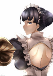 Rule 34 | 10s, 1girl, back cutout, backless outfit, black hair, blue eyes, breasts, claudia (granblue fantasy), closed mouth, clothing cutout, frills, from behind, granblue fantasy, hair bun, highres, kurosawa-san, kurosawa shouichi, large breasts, looking at viewer, looking back, maid headdress, outstretched arms, simple background, single hair bun, solo, white background