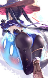 Rule 34 | 1girl, ass, back, black gloves, black hair, black pantyhose, blue cape, blue headwear, blue leotard, bodystocking, breasts, cape, detached sleeves, earrings, elbow gloves, food, fur collar, genshin impact, gloves, gold trim, hat, hat ornament, high heels, highleg, highleg leotard, highres, huge ass, jewelry, leotard, long hair, medium breasts, mona (genshin impact), pantyhose, pendant, popsicle, simple background, slime (genshin impact), star (symbol), star earrings, thigh strap, thighlet, thighs, twintails, uenoryoma, vision (genshin impact), witch hat