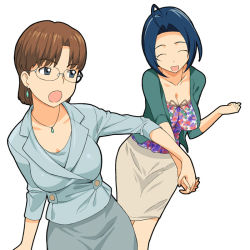Rule 34 | 00s, 10s, 2girls, :o, a1 (initial-g), ahoge, blue eyes, blue hair, brown hair, closed eyes, crossover, earrings, formal, glasses, holding hands, idolmaster, idolmaster (classic), idolmaster 2, ishida azusa, jewelry, kimi ga nozomu eien, miura azusa, multiple girls, name connection, necklace, office lady, open mouth, pencil skirt, short hair, simple background, skirt, skirt suit, smile, suit, voice actor connection