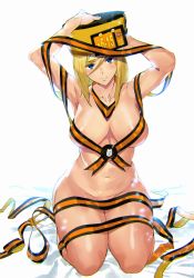 Rule 34 | 1girl, areola slip, armpits, arms up, ashiomi masato, blonde hair, blue eyes, blush, breasts, closed mouth, collarbone, commentary, full body, guilty gear, guilty gear xrd, hat, large breasts, long hair, looking at viewer, midriff, millia rage, naked ribbon, navel, on bed, ribbon, sitting, solo, thighs
