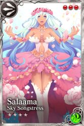 Rule 34 | 1girl, age of ishtaria, blue eyes, blue hair, braid, breasts, character name, character request, flower, jewelry, long hair, looking at viewer, matching hair/eyes, navel, necklace, open mouth, petals, solo, tan, thighhighs, twin braids, white thighhighs