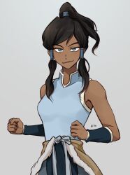 00in3 1girl avatar_legends blue_eyes brown_hair clenched_hands closed_mouth commentary cowboy_shot grey_background hair_tubes high_collar korean_commentary korra ponytail sidelocks simple_background sleeveless smile smirk solo swept_bangs the_legend_of_korra