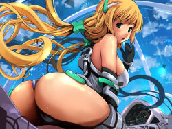 Rule 34 | 1girl, angela balzac, ass, bare shoulders, blonde hair, blush, bodysuit, breasts, cockpit, display, elbow gloves, female focus, from behind, gloves, green eyes, headgear, large breasts, leotard, long hair, looking at viewer, looking back, open mouth, rakuen tsuihou, shiny skin, sideboob, solo, thong, thong leotard, togusa masamu, twintails