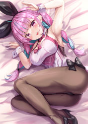 Rule 34 | 1girl, :d, animal ears, armpits, arms up, black bow, black footwear, blue hair, blush, bow, braid, breasts, brown pantyhose, fake animal ears, high heels, highres, hololive, large breasts, leotard, looking at viewer, lying, minato aqua, on bed, on side, open mouth, pantyhose, pink eyes, playboy bunny, smile, solo, twin braids, twintails, two side up, virtual youtuber, white leotard, wrist cuffs, yuano