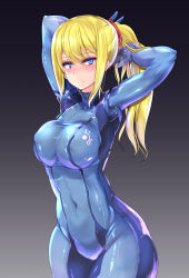 Rule 34 | 1girl, arms behind head, arms up, black background, blonde hair, blue bodysuit, blue eyes, blush, bodysuit, breasts, colored eyelashes, covered erect nipples, covered navel, cowboy shot, gradient background, hair between eyes, hair flip, large breasts, light smile, long hair, looking at viewer, mamo williams, metroid, nintendo, ponytail, samus aran, skin tight, solo, standing, varia suit, wide hips, zero suit
