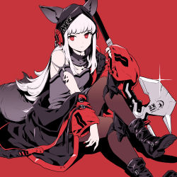 Rule 34 | 1girl, animal ears, arknights, black footwear, black pantyhose, blunt bangs, boots, breasts, cleavage, closed mouth, commentary, detached collar, expressionless, fox ears, fox tail, frostleaf (arknights), full body, glint, grey shirt, halberd, headphones, highres, hood, implied extra ears, jacket, knee guards, long hair, looking at viewer, material growth, medium breasts, nail polish, off-shoulder shirt, off shoulder, oripathy lesion (arknights), pantyhose, polearm, rabbit ears, red background, red eyes, red jacket, red nails, shadow, shirt, silver hair, simple background, sitting, sleeves past wrists, solo, straight hair, tail, ume (yume uta da), weapon