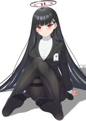 Rule 34 | 1girl, absurdres, arms behind back, black hair, black jacket, black pantyhose, black skirt, blue archive, blunt bangs, blush, breasts, feet, halo, highres, jacket, knees together feet apart, knees up, large breasts, legs, lemon kele, long hair, looking at viewer, no shoes, on grass, pantyhose, pleated skirt, red eyes, ringed eyes, rio (blue archive), shadow, simple background, sitting, skirt, soles, solo, thigh strap, thighs, toes, white background