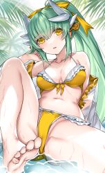 Rule 34 | 1girl, bare shoulders, barefoot, bikini, blush, breasts, cleavage, collarbone, commentary request, dragon girl, dragon horns, fate/grand order, fate (series), feet, green hair, hair ornament, highres, horns, kiyohime (fate), large breasts, long hair, long sleeves, looking at viewer, morizono shiki, navel, off shoulder, parted lips, ponytail, sitting, smile, solo, stomach, swimsuit, thighs, toes, water, wet, yellow bikini, yellow eyes