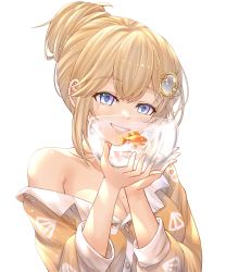 Rule 34 | 1girl, absurdres, bare shoulders, blonde hair, blue eyes, bowl, breasts, cleavage, collarbone, fish, fishbowl, goldfish, grin, hair bun, hair ornament, highres, holding, holding bowl, hololive, hololive english, honkivampy, looking at viewer, medium breasts, mole, mole on breast, shirt, short hair, sidelocks, simple background, smile, solo, upper body, virtual youtuber, watson amelia, white background, yellow shirt