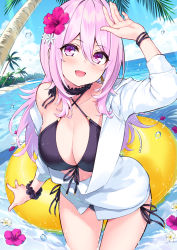 Rule 34 | 1girl, :d, bikini, bikini under clothes, blue sky, blush, breasts, cloud, collarbone, commentary request, cu-no, day, flower, hair between eyes, hair flower, hair ornament, hand up, hisen kaede, jacket, large breasts, long hair, looking at viewer, nail polish, ocean, open mouth, outdoors, palm tree, pink hair, purple eyes, sky, smile, solo, swimsuit, thighs, tree, white jacket, yayoi sakura