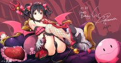 Rule 34 | 10s, 1girl, absurdres, black hair, black panties, character name, dated, fishnets, flower, frilled pillow, frills, gloves, happy birthday, heart, heart-shaped pillow, high heels, highres, hiroki ree, legs, love live!, love live! school idol festival, love live! school idol project, panties, pillow, red eyes, rose, smile, solo, tail, underwear, wings, yazawa nico
