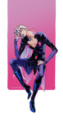 Rule 34 | 1boy, 3upin, arched back, blonde hair, blue eyes, boots, earrings, giorno giovanna, hand on lap, head tilt, high heel boots, high heels, highres, jewelry, jojo no kimyou na bouken, long hair, messy hair, solo, star (symbol), vento aureo, very long hair