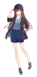 Rule 34 | 1girl, bare legs, baseball cap, belt, black hat, black jacket, blue skirt, brown hair, cocoa music, commentary request, doumyouji cocoa, full body, hand in pocket, hand on headwear, hand up, hat, jacket, long hair, long sleeves, looking at viewer, necomi, official art, open clothes, open jacket, parted lips, pencil skirt, pink eyes, shirt, shoes, sidelocks, simple background, skirt, sneakers, socks, solo, undershirt, vest, virtual youtuber, white background, white shirt, white socks