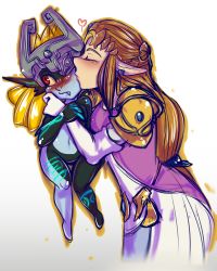 Rule 34 | 2girls, blush, brown hair, elbow gloves, embarrassed, closed eyes, fang, gloves, heart, helmet, highres, inuki, kiss, long hair, midna, multiple girls, nintendo, orange hair, pointy ears, princess zelda, red eyes, simple background, size difference, the legend of zelda, the legend of zelda: twilight princess, yuri