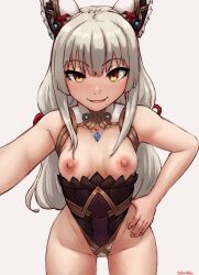 Rule 34 | 1girl, animal ears, artist name, breasts, breasts out, chest jewel, cowboy shot, grey hair, hand on own hip, highleg, highleg leotard, highres, leotard, long hair, looking at viewer, nia (blade) (xenoblade), nia (xenoblade), nipples, open mouth, seraziel, simple background, small breasts, smile, solo, xenoblade chronicles (series), xenoblade chronicles 2