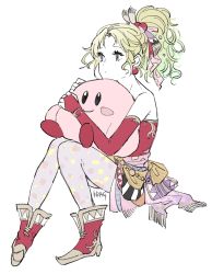 Rule 34 | 1girl, blonde hair, blue eyes, blush, cape, crossover, final fantasy, final fantasy vi, full body, gloves, h ff 0811, hair ornament, hug, invisible chair, kirby, kirby (series), knees together feet apart, long hair, magitek armor, nintendo, pantyhose, print pantyhose, purple pantyhose, simple background, sitting, smile, solo, tina branford, white background