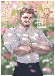 Rule 34 | 1boy, animal ears, bara, beard stubble, brown hair, cat ears, cheng yongyuan, cowboy shot, facial hair, floral background, highres, huge eyebrows, looking to the side, male focus, mature male, medium sideburns, muscular, muscular male, mustache stubble, nature, original, short hair, solo, sparse arm hair, standing, stubble, sunlight, tree, tree shade, wrinkled skin