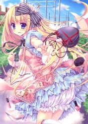 Rule 34 | 1girl, :o, absurdres, bag, blonde hair, bloomers, blue sky, blush, bow, cloud, compact (cosmetics), d:, day, dress, fang, fence, frilled socks, frills, from behind, hair bow, highres, huge filesize, kneehighs, looking at viewer, nail polish, nanaroba hana, open mouth, parted lips, purple eyes, short sleeves, sky, socks, solo, standing, tareme, underwear