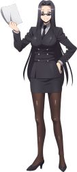 Rule 34 | 10s, 1girl, black hair, business suit, formal, full body, glasses, legs, long hair, looking over eyewear, looking over glasses, miniskirt, monster musume no iru nichijou, monster musume no iru nichijou online, ms. smith, simple background, skirt, smile, solo, standing, suit, sunglasses, thighhighs, tinted eyewear