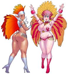 Rule 34 | 2girls, armpits, arms up, ass, belly, blonde hair, blue eyes, boots, breasts, butt crack, carnival, cleavage, dark-skinned female, dark elf, dark skin, elf, elf-san wa yaserarenai., erufuda-san, fang, feathers, g-string, headdress, high heel boots, high heels, highres, huge ass, knee boots, kneepits, kuroeda-san, large breasts, long hair, looking at viewer, looking back, mole, mole under eye, multiple girls, plump, pointy ears, purple eyes, revealing clothes, samba, short hair, sidelocks, silver hair, skindentation, small breasts, sweat, synecdoche, thick thighs, thighs, thong, white background, wristband