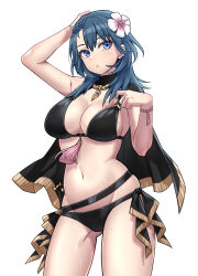 Rule 34 | 1girl, arm up, bikini, black bikini, black cape, blue eyes, blue hair, breasts, byleth (female) (fire emblem), byleth (female) (summer) (fire emblem), byleth (fire emblem), cape, cleavage, commentary request, cowboy shot, fire emblem, fire emblem: three houses, fire emblem heroes, flower, gluteal fold, hair flower, hair ornament, hand up, large breasts, long hair, navel, nintendo, official alternate costume, partial commentary, shinae, solo, standing, stomach, swimsuit, thighs