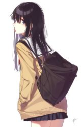 Rule 34 | 10s, 1girl, aiko (aiko 54), artist name, bag, black hair, black skirt, cardigan, cowboy shot, from side, hair between eyes, hands in pockets, highres, koe no katachi, long hair, looking at viewer, looking back, neckerchief, open cardigan, open clothes, pleated skirt, purple eyes, red neckerchief, school bag, school uniform, serafuku, shoulder bag, signature, simple background, skirt, solo, thighs, tongue, tongue out, ueno naoka, white background