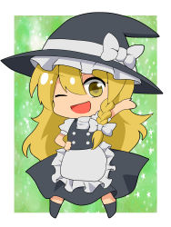 Rule 34 | 1girl, :d, absurdres, apron, blonde hair, bow, braid, chibi, green background, hand on own hip, hat, hat bow, highres, kirisame marisa, kuyuri y, long hair, messy hair, one eye closed, open mouth, puffy short sleeves, puffy sleeves, short sleeves, single braid, smile, solo, star (symbol), starry background, torizaki kuyuri, touhou, turtleneck, vest, waist apron, waving, wink, witch hat, yellow eyes