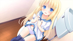 Rule 34 | 1girl, artist request, blonde hair, blue eyes, blush, character request, clothes lift, game cg, indoors, panties, skirt, skirt lift, solo, source request, striped clothes, striped panties, thighhighs, underwear