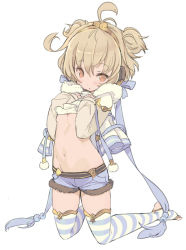 Rule 34 | 1girl, andira (granblue fantasy), animal ears, antenna hair, beads, blade (galaxist), blue ribbon, blue shorts, blue thighhighs, blush, breasts, clothes lift, commentary request, dot nose, erune, full body, fur-trimmed shorts, fur trim, granblue fantasy, groin, hair between eyes, hands on own chest, hands up, headdress, horizontal-striped legwear, kneeling, lifted by self, long sleeves, looking at viewer, monkey ears, monkey girl, navel, no shoes, open mouth, orange hair, pom pom (clothes), raised eyebrows, ribbed sweater, ribbon, short hair, short shorts, shorts, shy, simple background, small breasts, solo, stomach, striped clothes, striped thighhighs, sweater, sweater lift, tassel, thighhighs, toeless legwear, toes, two side up, underboob, white background, white thighhighs