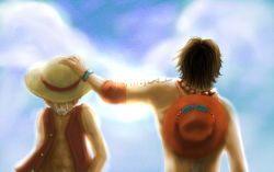 Rule 34 | 2boys, back, black hair, brother, brothers, cloud, crying, hand on headwear, hat, hat over eyes, male focus, monkey d. luffy, multiple boys, one piece, portgas d. ace, topless male, siblings, straw hat, tattoo, vest