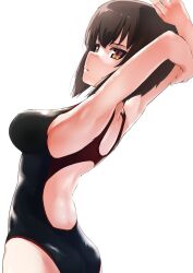 Rule 34 | 1girl, armpits, arms behind head, ass, black one-piece swimsuit, blush, breasts, brown eyes, brown hair, buchikaki, competition swimsuit, girls und panzer, highres, large breasts, nishizumi maho, one-piece swimsuit, open mouth, short hair, simple background, solo, swimsuit, white background