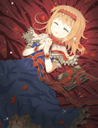 Rule 34 | 1girl, alice margatroid, bed, blonde hair, book, capelet, doll joints, dress, closed eyes, female focus, garter straps, hairband, joints, lying, ooide chousuke, own hands clasped, own hands together, petals, sleeping, solo, string, thighhighs, touhou, white thighhighs, wrist cuffs