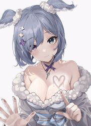Rule 34 | 1girl, blue eyes, blue hair, blush, breasts, choker, cleavage, collarbone, commentary, elira pendora, elira pendora (2nd costume), fur trim, grey kimono, hair ornament, hair over one eye, head wings, heterochromia, highres, japanese clothes, jewelry, key, kimono, large breasts, looking at viewer, necklace, nijisanji, nijisanji en, obi, off shoulder, official alternate costume, one eye covered, purple eyes, purple ribbon, ribbon, ribbon choker, sash, short hair, smile, solo, soybean (hisoybean), virtual youtuber, wings, x hair ornament