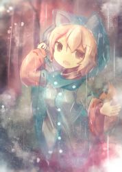 Rule 34 | 1girl, animal ears, blonde hair, blurry, brown eyes, chii (tsumami tsumamare), depth of field, detached sleeves, gradient background, hand up, inubashiri momiji, looking at viewer, open mouth, outstretched arm, rain, raincoat, short hair, solo, tail, touhou, wolf ears, wolf tail