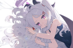 Rule 34 | 1girl, :d, absurdres, bed sheet, blue archive, commentary request, demon girl, demon horns, demon wings, forehead, grey hair, hair ornament, hairclip, halo, highres, hina (blue archive), hina (swimsuit) (blue archive), horns, long hair, looking at viewer, lying, measho, name tag, on side, one side up, open mouth, parted bangs, purple eyes, school swimsuit, sidelocks, simple background, sleeveless, smile, solo, swimsuit, translation request, white background, wings