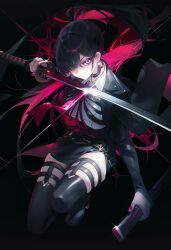 Rule 34 | 1girl, absurdres, black background, black footwear, black gloves, black hair, black jacket, black thighhighs, cerberus (legendary sword), closed mouth, collared shirt, diffraction spikes, elbow gloves, full body, gloves, hair over one eye, highres, holding, holding sheath, holding sword, holding weapon, jacket, lapels, legendary sword, long hair, looking at viewer, multicolored eyes, multicolored hair, nail polish, necktie, okazu (eightstudio), open clothes, open jacket, partially fingerless gloves, pink eyes, pink hair, pink nails, pink necktie, ponytail, purple eyes, ringed eyes, sheath, shirt, solo, streaked hair, sword, thighhighs, two-tone hair, very long hair, weapon, white shirt