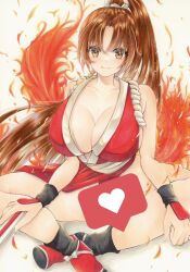 Rule 34 | 1girl, 2424yume, bare shoulders, breasts, brown eyes, brown hair, cleavage, fatal fury, fire, heart, highres, large breasts, long hair, looking at viewer, ninja, pelvic curtain, ponytail, shiranui mai, sitting, sleeveless, the king of fighters