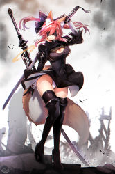 Rule 34 | 1girl, animal ears, back cutout, black blindfold, black bow, blindfold, boots, bow, breasts, cleavage, clothing cutout, commentary, cosplay, covered eyes, elbow gloves, fang, fate/extra, fate (series), feather-trimmed sleeves, floating, floating object, floating weapon, fox ears, fox girl, fox tail, gloves, grey sky, hairband, high heels, highres, holding, holding weapon, juliet sleeves, large breasts, leotard, long sleeves, nier:automata, nier (series), open mouth, outdoors, pink hair, ponytail, puffy sleeves, ruins, sky, smoke, solo, sword, tail, tamamo (fate), tamamo no mae (fate/extra), thigh boots, thighhighs, thighhighs under boots, thong leotard, virtuous contract, virtuous treaty, weapon, white leotard, wisespeak, 2b (nier:automata), 2b (nier:automata) (cosplay)