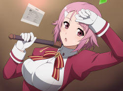 Rule 34 | 10s, 1girl, :o, blush, breasts, gloves, hammer, holographic monitor, ishigaki takashi, large breasts, lisbeth (sao), open mouth, pink eyes, pink hair, short hair, solo, sword art online