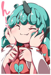 Rule 34 | 2girls, :3, ^ ^, aqua hair, blush, closed eyes, curly hair, fang, fang out, gokuu (acoloredpencil), hakurei reimu, hands on another&#039;s cheeks, hands on another&#039;s face, hands up, highres, horns, komano aunn, long hair, long sleeves, multiple girls, red shirt, ribbon-trimmed sleeves, ribbon trim, shirt, simple background, single horn, solo focus, touhou, upper body, white background, wide sleeves