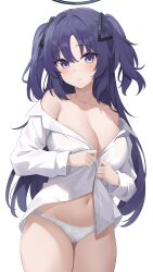 1girl absurdres blue_archive blue_eyes blue_hair blush breasts cleavage closed_mouth highres long_hair long_sleeves looking_at_viewer navel panties shirt simple_background solo thick_thighs thighs two_side_up underwear white_background white_panties white_shirt yuuka_(blue_archive) zeatto