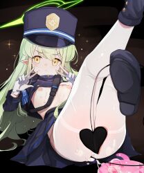 Rule 34 | 1girl, :&lt;, absurdres, armband, black footwear, black tail, blue archive, blue armband, blue hat, blue jacket, blue skirt, boots, breasts, closed mouth, clothes lift, demon tail, double w, foot out of frame, gloves, green hair, halo, haniwa (statue), hat, highres, hikari (blue archive), jacket, jacket lift, kepi, leg up, long hair, looking at viewer, lying, military hat, nipples, on back, pantyhose, pleated skirt, pointy ears, pussy juice, pussy juice trail, shoe soles, short eyebrows, skirt, small breasts, solo, sparkle, sweat, tail, tail censor, teranekosu, thighband pantyhose, v-shaped eyebrows, very long hair, w, white gloves, white pantyhose, yellow eyes